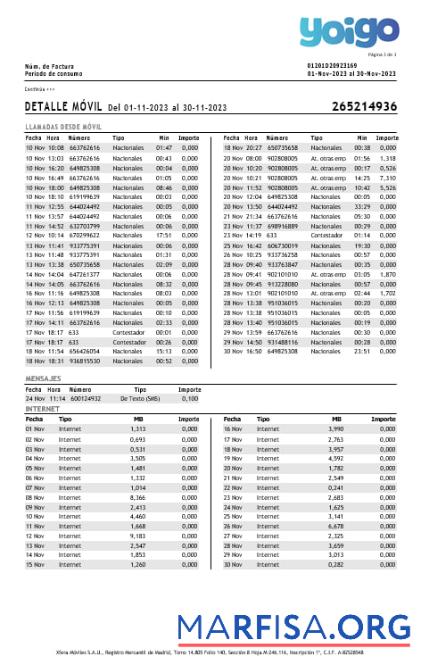 Blank Spain Yoigo internet utility bill in Word and PDF formats, 3 pages. real example